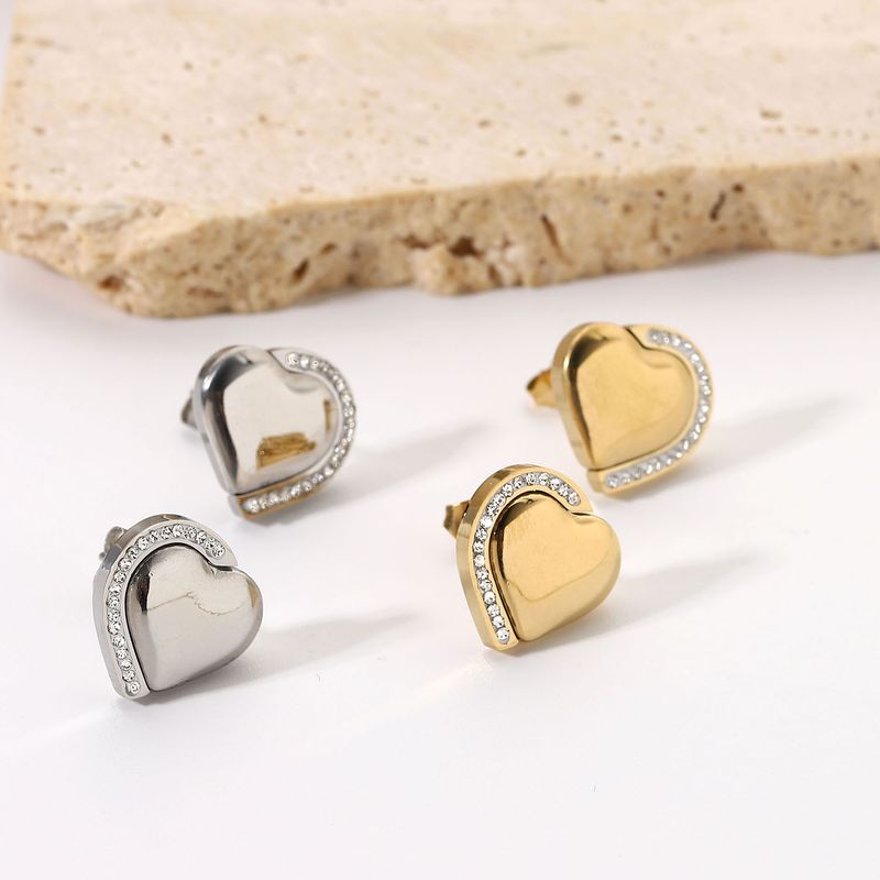 Simple Creative 14k Color Inlaid Zirconium Heart Stainless Steel Earrings