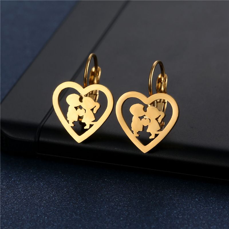 Stainless Steel Earrings Wholesale Love Lovers Hollow Gold Ear Clip Simple Heart-shaped Boys And Girls Kissing Earrings