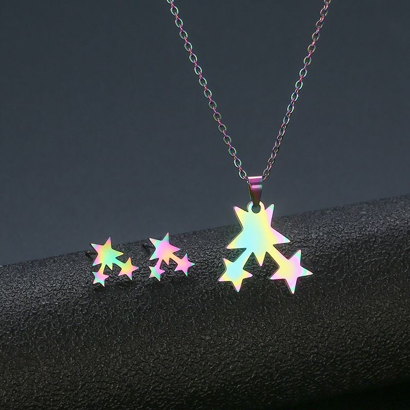 Stainless Steel Star Necklace Clavicle Chain Earrings Set Female Colorful Meteor Pendant Set Chain Earrings Wholesale