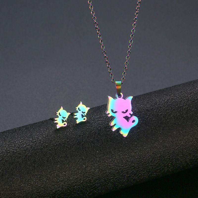 New European And American Cute Kitten Pendant Clavicle Earings Set New Colorful Cat Accessories Wholesale