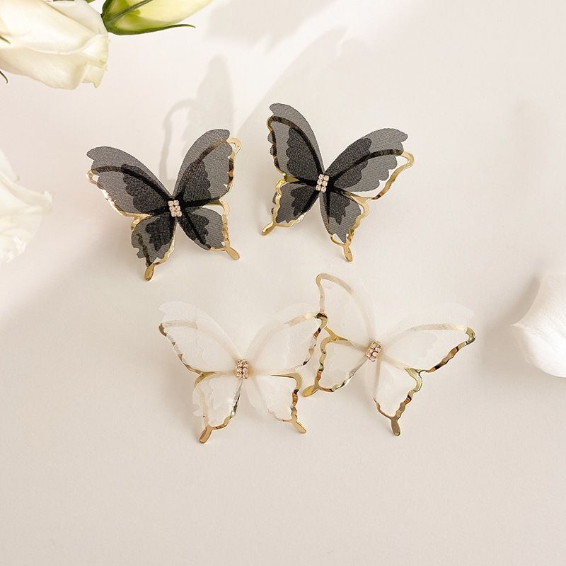 Retro Tulle Design Butterfly Black And White Earrings