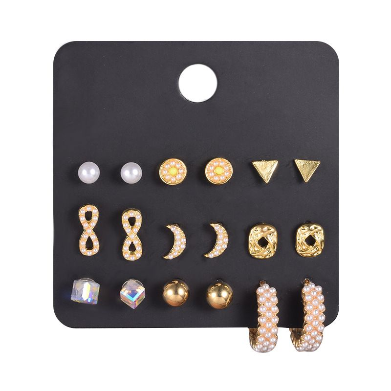 Simple Rhinestone Love Flower Geometric Stud Earrings 9 Pairs Set