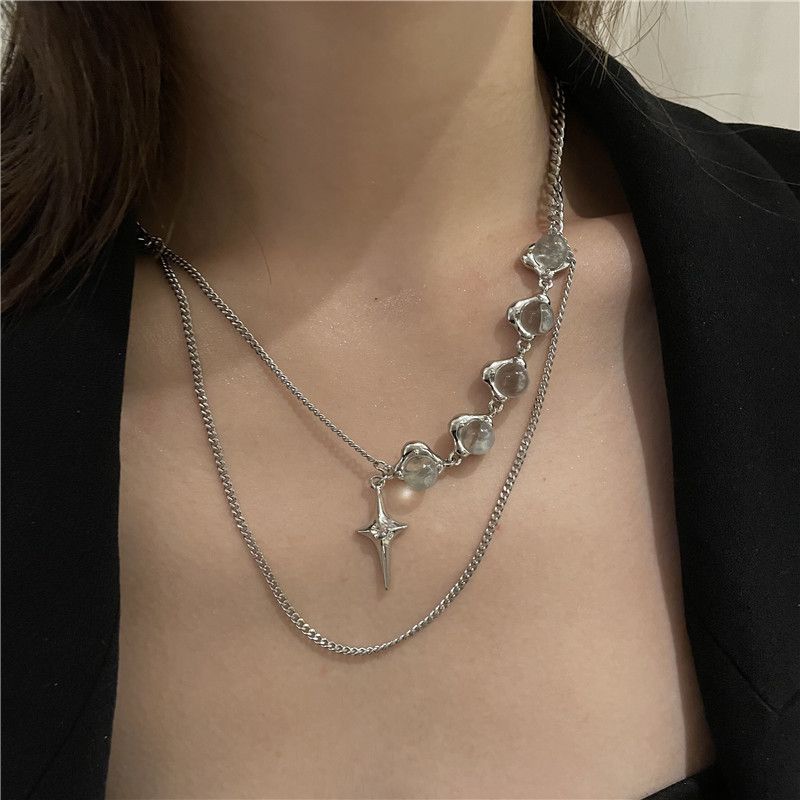 Double Layered Clavicle Chain White Opal Star Diamond Pendant Necklace