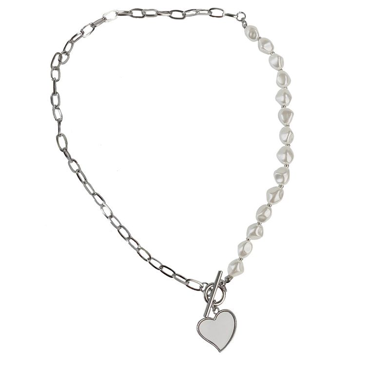 Titanium Steel Love Pearl Ot Buckle Necklace Simple Asymmetric Splicing Clavicle Chain