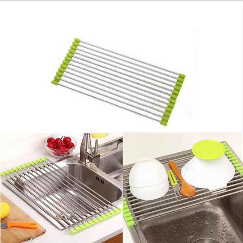 Retractable Drain Basket Kitchen Rack Stainless Steel Folding Storage Rack