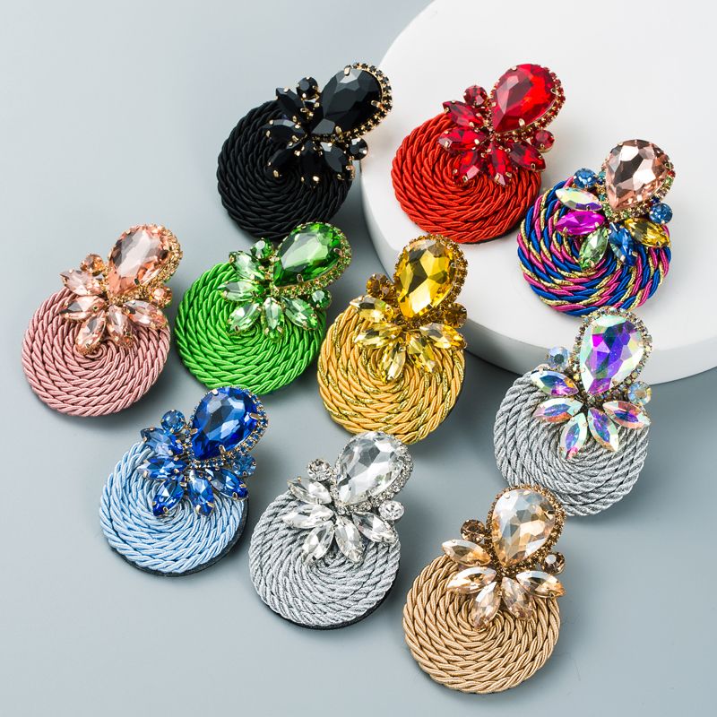 Personalized Design Big Water Drop Colored Glass Diamond Elastic Rope Braided Earrings For Women
