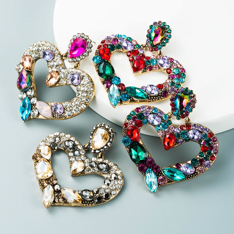 Wholesale Alloy Diamond-studded Color Rhinestone Heart-shaped Earrings