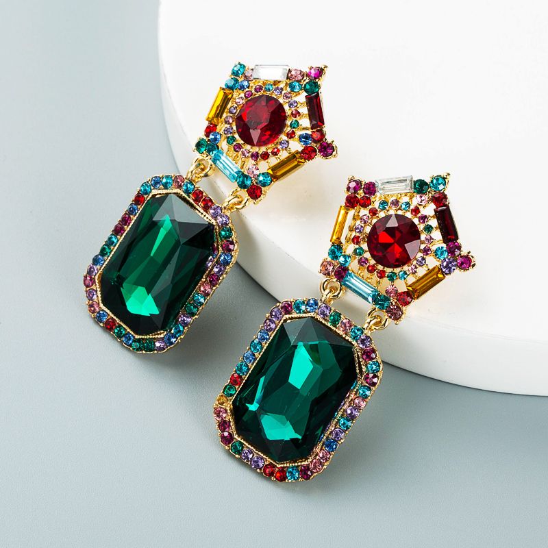 Fashion Colored Diamond Personalized Square Rhinestone Pendant Earrings