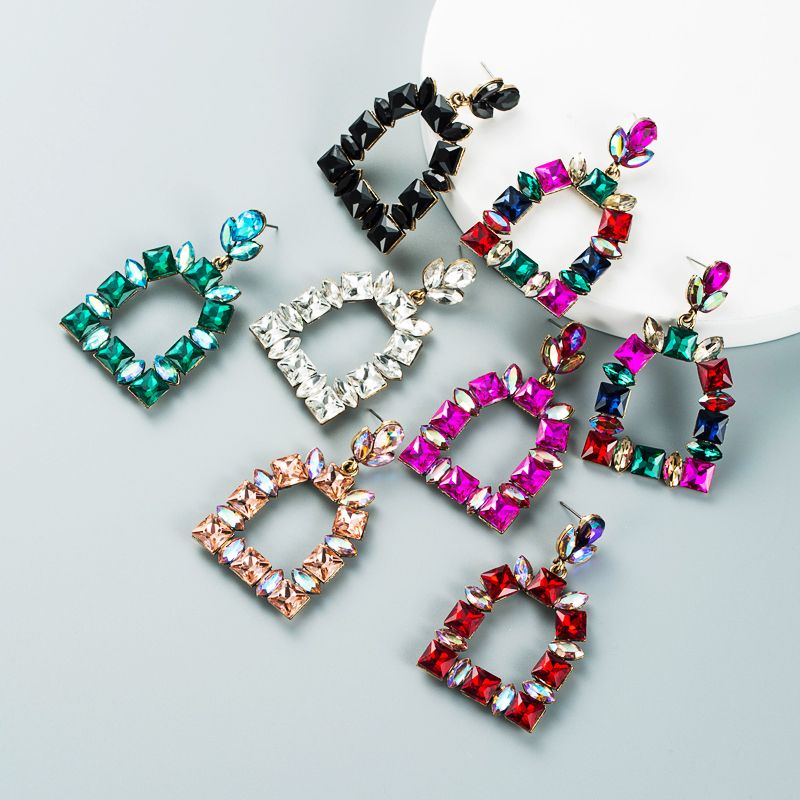 Multi-layer Alloy Diamond-studded Colored Glass Diamond Geometric Earrings