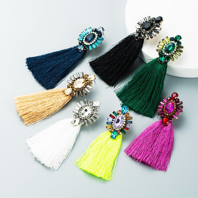 Creative Diamond-studded Long Color Tassel Earrings Retro Bohemian Ethnic Style Earrings