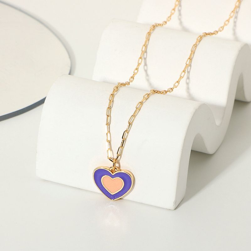 Collier En Forme De Coeur De Mode Alliage Violet Goutte D&#39;huile Double Coeur Pendentif Collier Bijoux