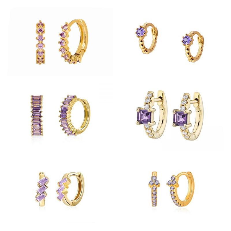 Foreign Trade European And American C-shaped Earrings Purple Zircon Earrings S925 Silver Needle Earrings Set