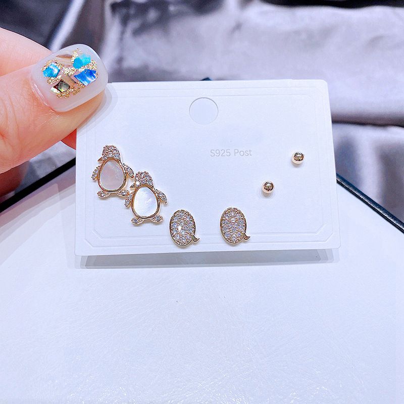 Fashion Earring Set Female Sweet And Cute Zircon Shell Penguin Small Earrings Three Pairs