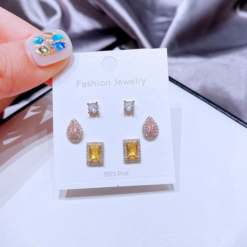 Korean Earrings Set Exquisite Color Water Drop Geometric Zircon Earrings Combination