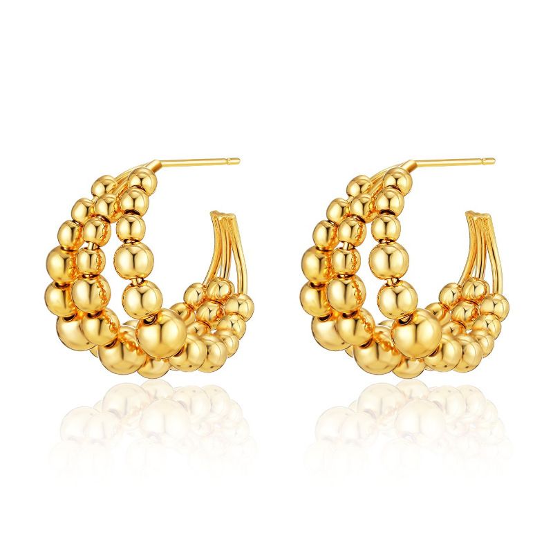 Retro Style Copper Plated 18k Real Gold C-shaped Earrings Three Rows Of Metal Ball Beaded Earrings