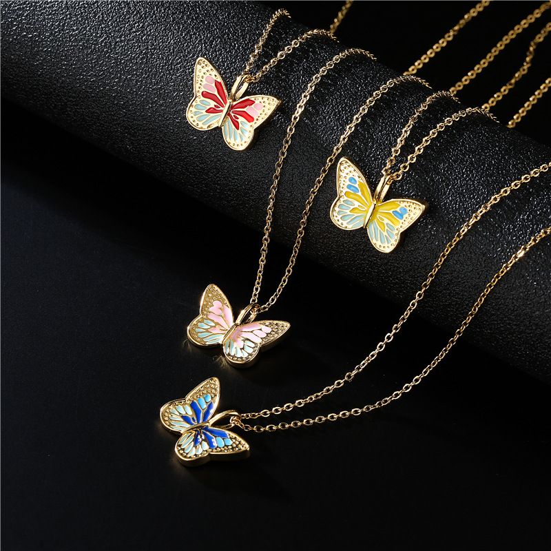 Aogu Suministro Cruzado Europeo Y Americano Ins Internet Celebridad Mismo Estilo Colorido Aceite Collar Mariposa Colgante Oro Real Plateado Collar De Cobre