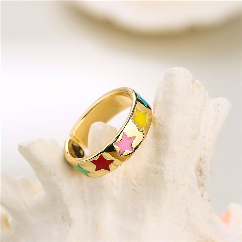 Aogu Cross-border Supply Ins Internet Celebrity Same Copper Plated Gold Rainbow Color Drop Oil Five-pointed Star Open Ring For Women