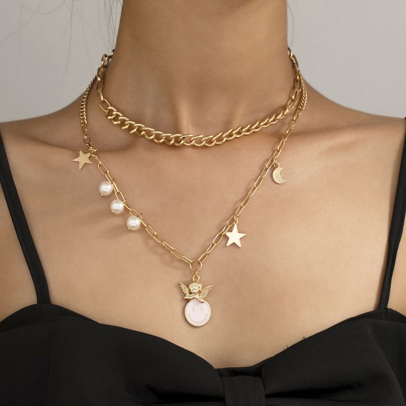 New Cartoon Angel Necklace Personality Simple Pearl Smiley Angel Splicing Necklace Female