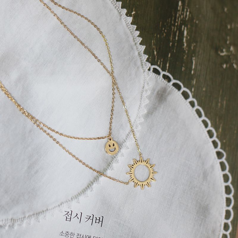 Fashion Sunflower Smiley Emoticon Pack Double Layered Necklace Clavicle Chain Titanium Steel