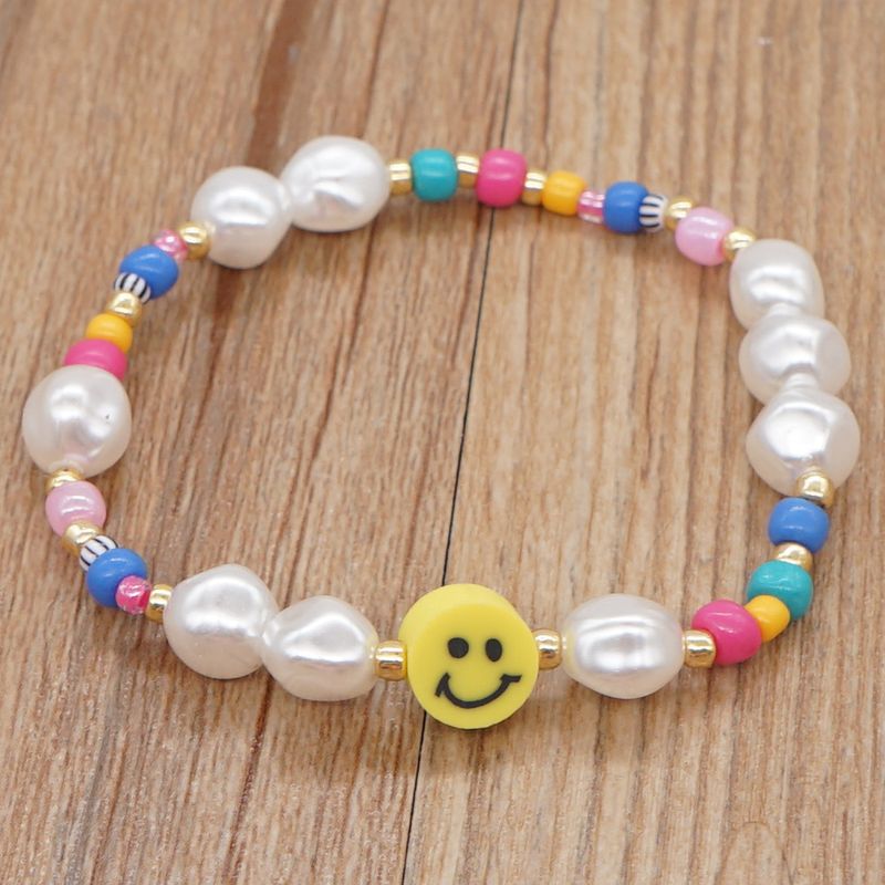 Bohemian Style Colorful Bead Imitation Pearl Polymer Clay Yellow Smiley Handmade Beaded Small Bracelet For Women One Piece Dropshipping