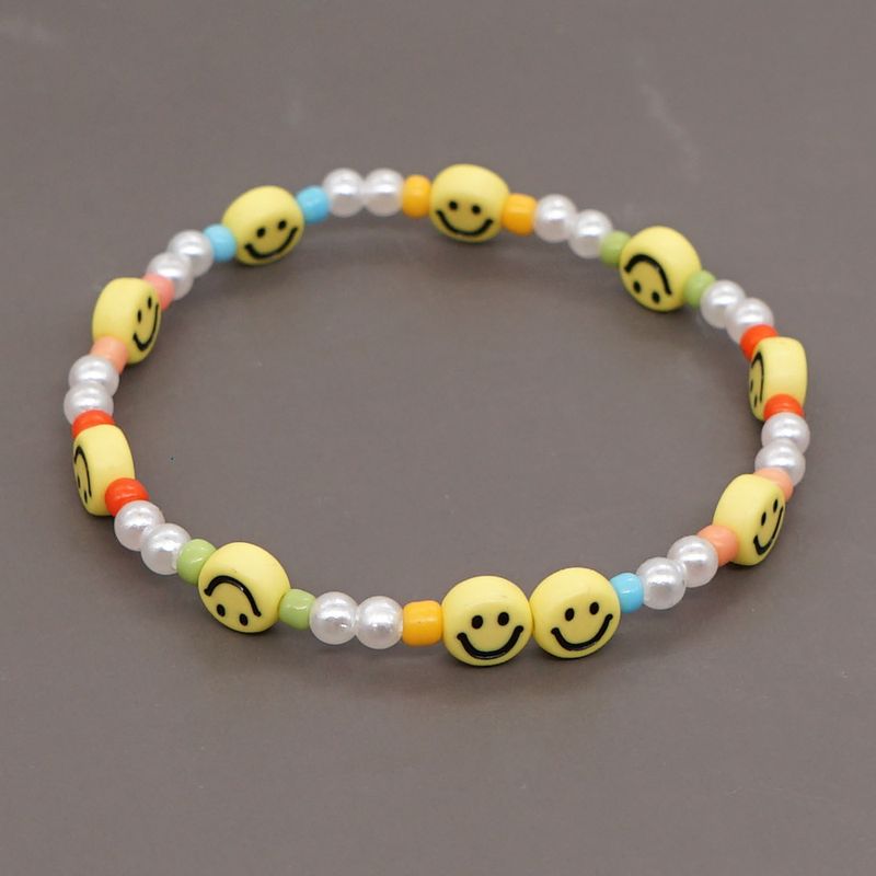 Diseño Creativo De Interés Especial Estilo Bohemio Cuenta Colorida Imitación Perla Amarilla Sonriente Hecha A Mano Pequeña Pulsera De Cuentas Para Mujer