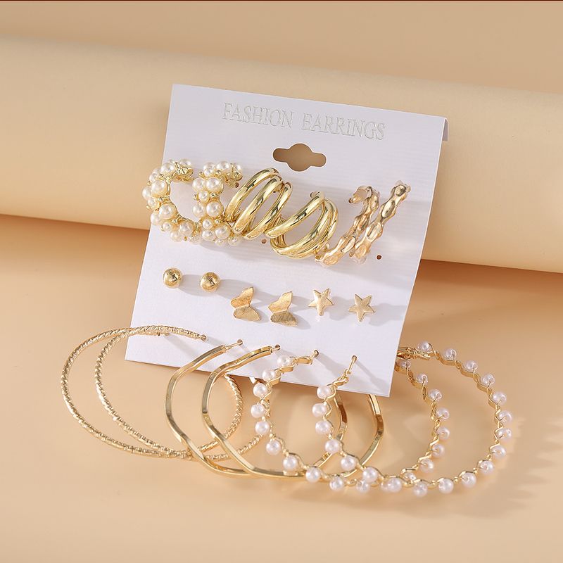 New Retro Pearl Inlaid Ladies Earrings 9-piece Set Golden Geometric Butterfly Earrings