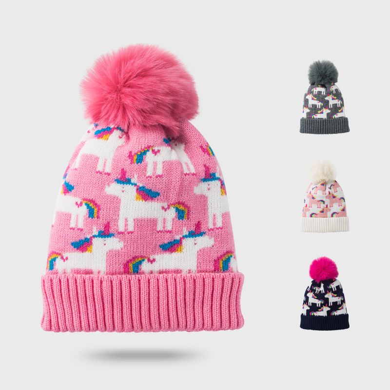 Children's Woolen Hat Autumn And Winter Plus Velvet Thickening Cartoon Rainbow Horse Jacquard Woolen Ball Knitted Hat