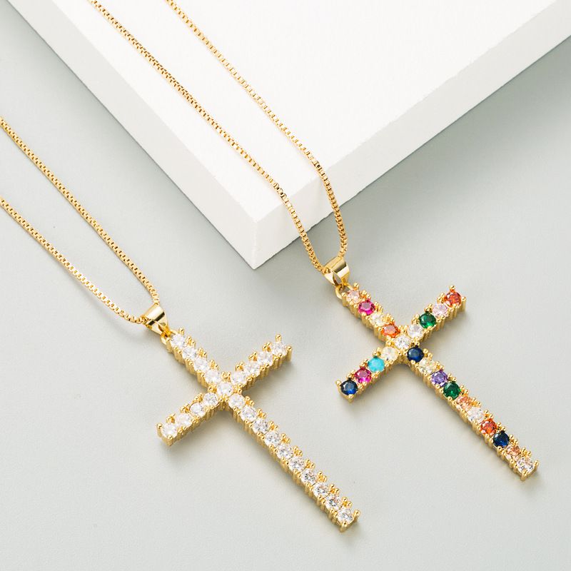 Simple Temperament Cross Pendant Necklace Personality Creative Inlaid Color Zircon Couple Necklace