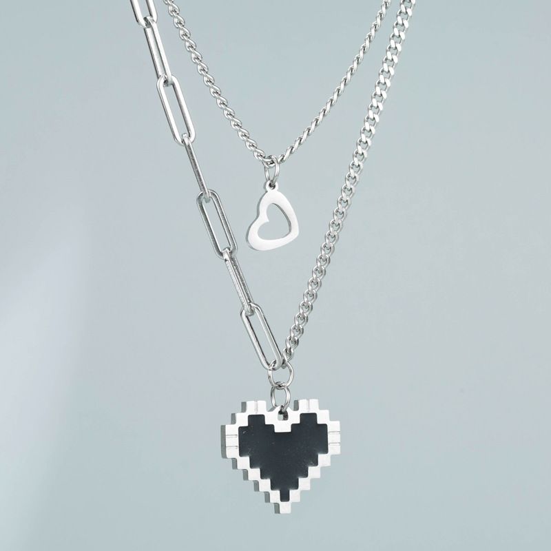 Mosaic Heart Titanium Steel Necklace Heart-shaped Double Layered Clavicle Chain