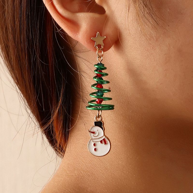Christmas Asymmetrical Earrings European And American Retro Oily Snowman Winding Christmas Tree Earrings