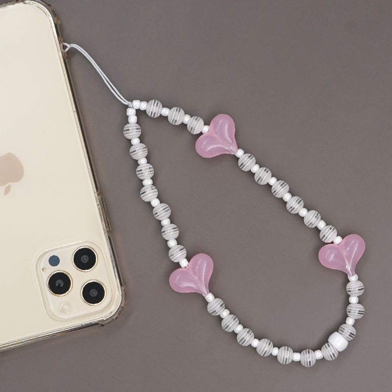 Perles De Riz En Verre Simples 8mm Perles À Rayures Blanches Gelée Rose Pêche Coeur Anti-perte Chaîne De Téléphone Portable