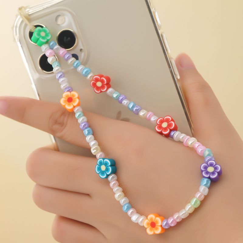 Simple Mobile Phone Rope Soft Ceramic Mixed Color Flower Glass Rice Beads Mobile Phone Chain