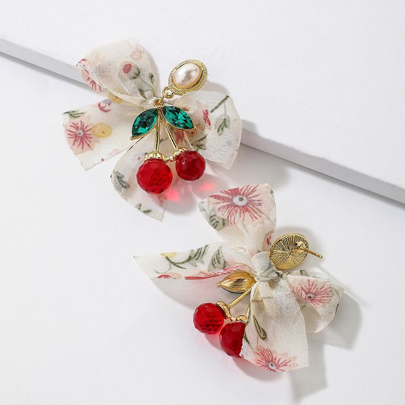 Retro Crystal Pearl Fabric Bow Cherry Earrings European And American Earrings