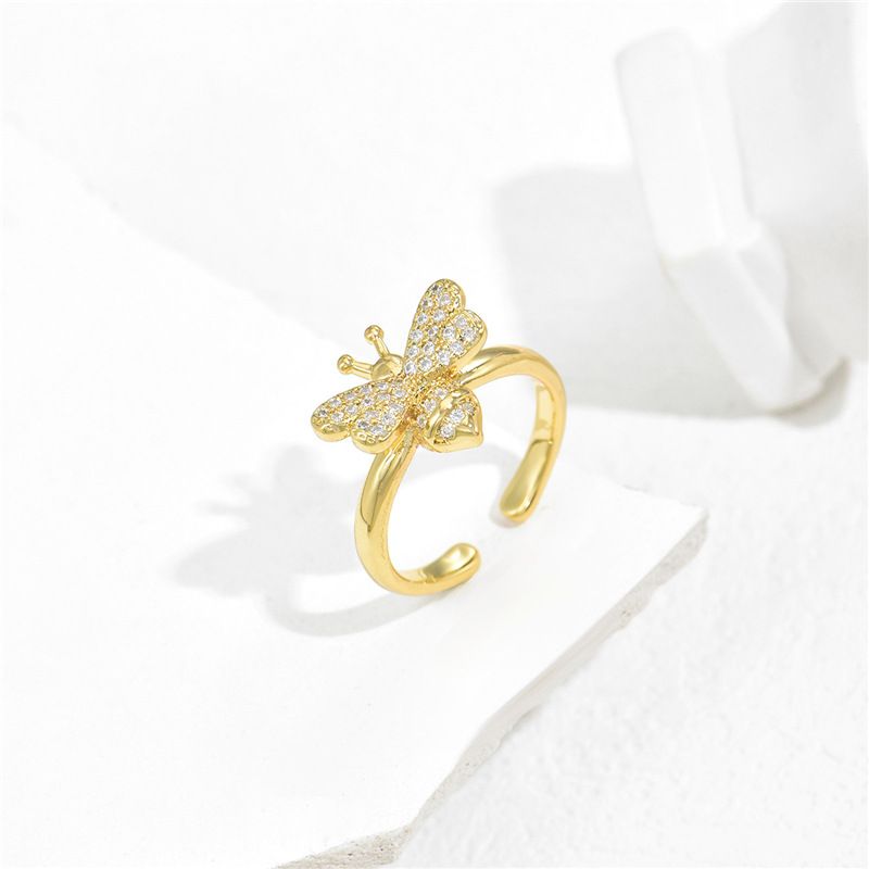 Aogu Cross-border Supply Copper Gold-plated Micro Inlaid Zircon Cute Bee Ring Female European And American Fashion New Product