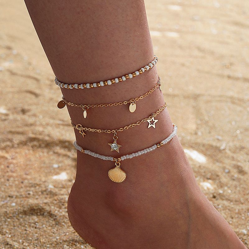 Bohemian Ornament Beaded Xingx Round Anklet Four-piece Pearl Shell Anklet Set