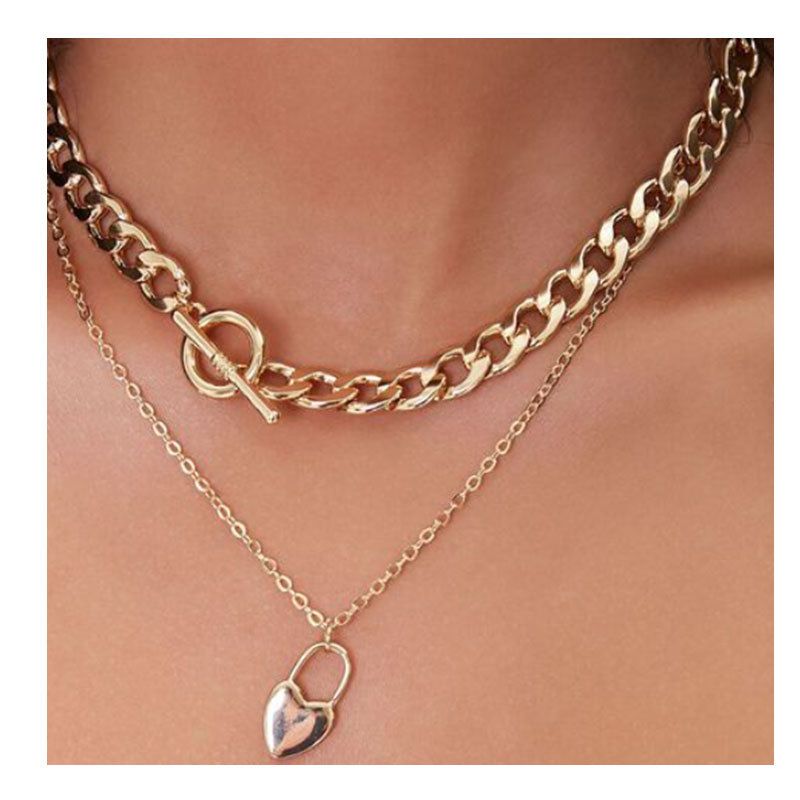 European And American Geometric Jewelry Cross Chain Golden Heart Pendant Multi-layer Necklace