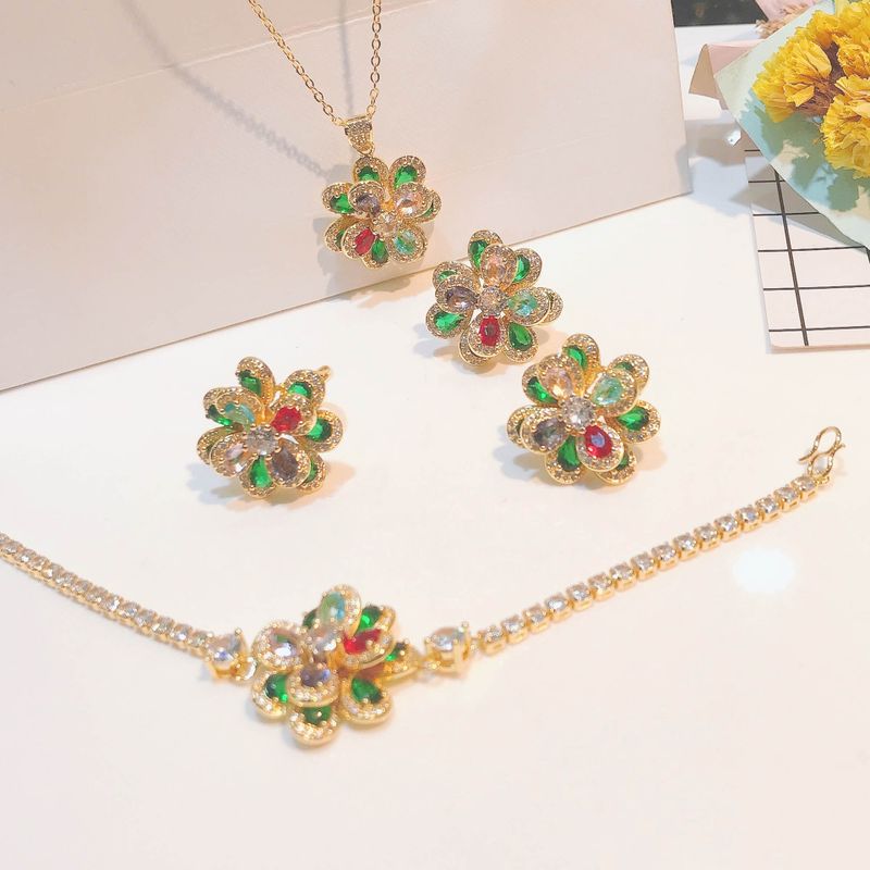 Color Tourmaline Flower Set Three-dimensional Camellia Pendant Open Ring Bracelet Earrings