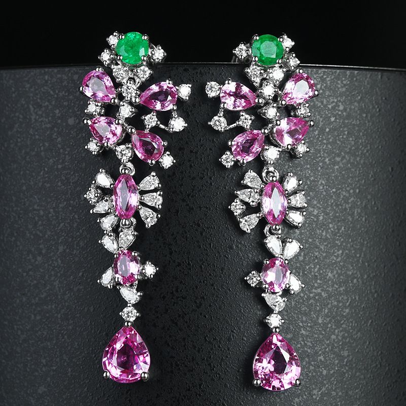 Heavy Industry Design Full Diamond Papalacha Color Stud Earrings Imitation Emerald Water Drop Earrings Lotus Corundum Long Earrings