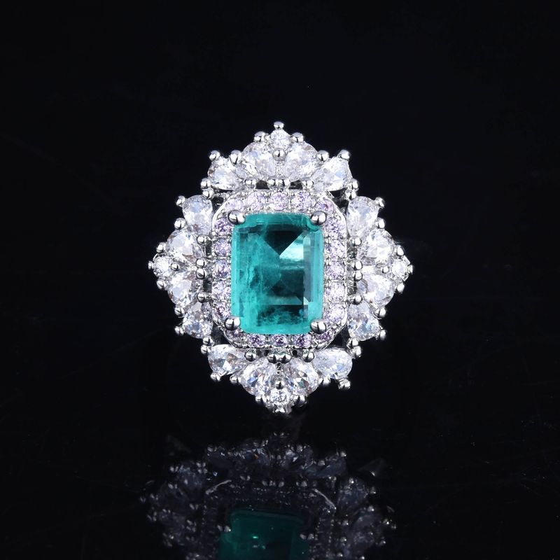 Paraiba Ring Princess Square Diamond Emerald Cut Color Treasure Open Ring