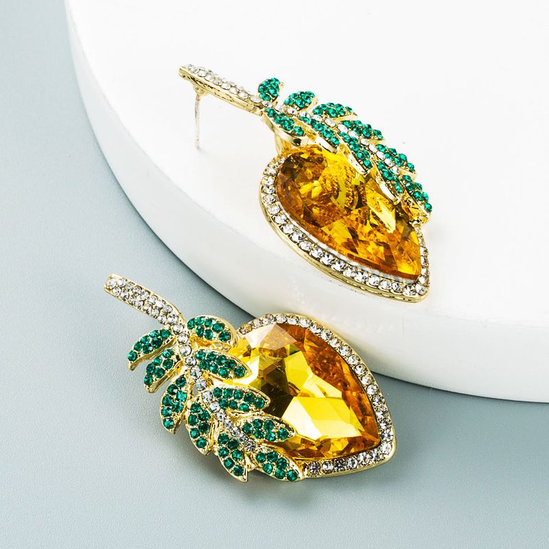 Neue Produkte Korea Dongdaemun Mode Persönlichkeit Blatt Frucht Silber Nadel Ohrringe Weibliche Tropfen Förmige Glas Diamant Ohrringe Ohrringe Ohrringe