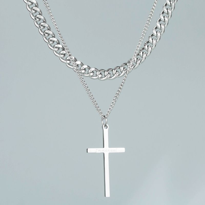 Trendy Design Sense Internet Celebrity Same Style Personality Cross Double Layer Twin Necklace All-match Cold Sweater Chain Accessories