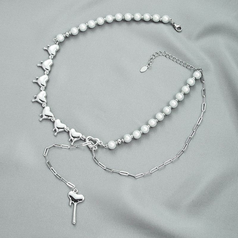Fashion Personality Gloss Pearl Love Pendant Necklace Hip Hop Style Clavicle Chain Accessories