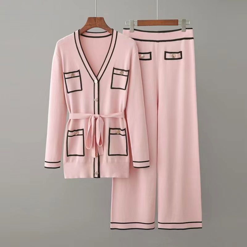 Fashion Long-sleeved Knit Suit Lace-up Waist Mid-length V-neck Cardigan Wide-leg Trousers Two-piece Female