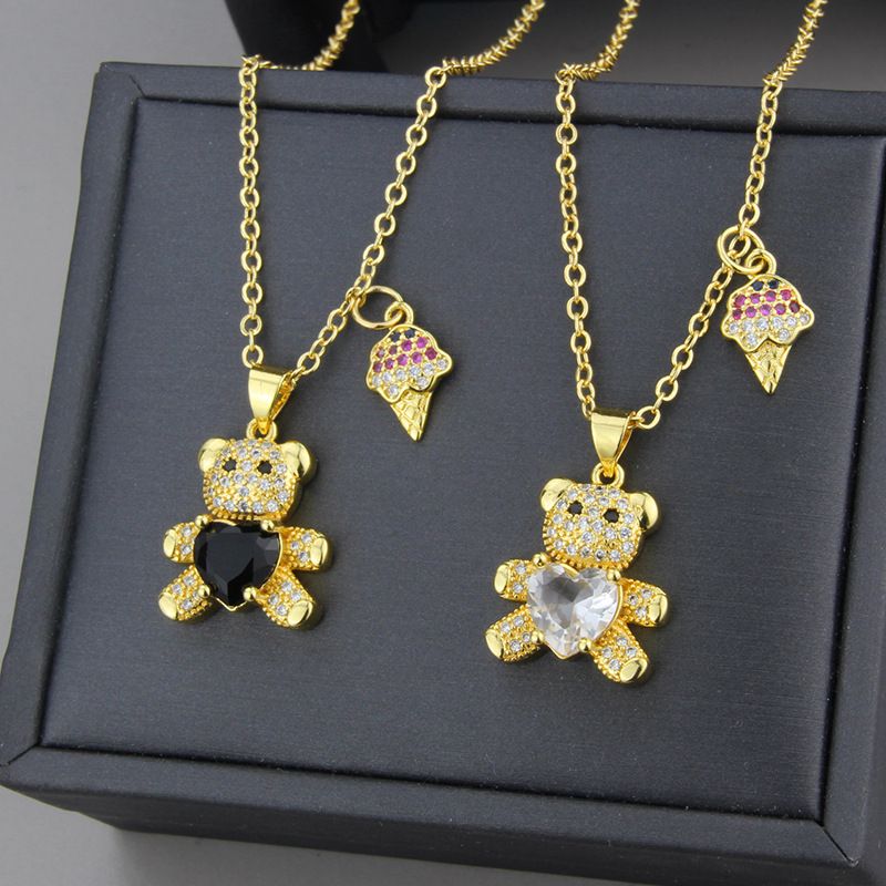 New Diamond Bear Pendant Korean Cute Teddy Bear Ice Cream Combination Copper Necklace Wholesale