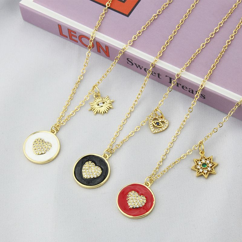 Korean Style Ins Inlaid Zirconium Round Heart Necklace Women's Simple Spot Eight Awn Star Eye Popular Element Combination Pendant