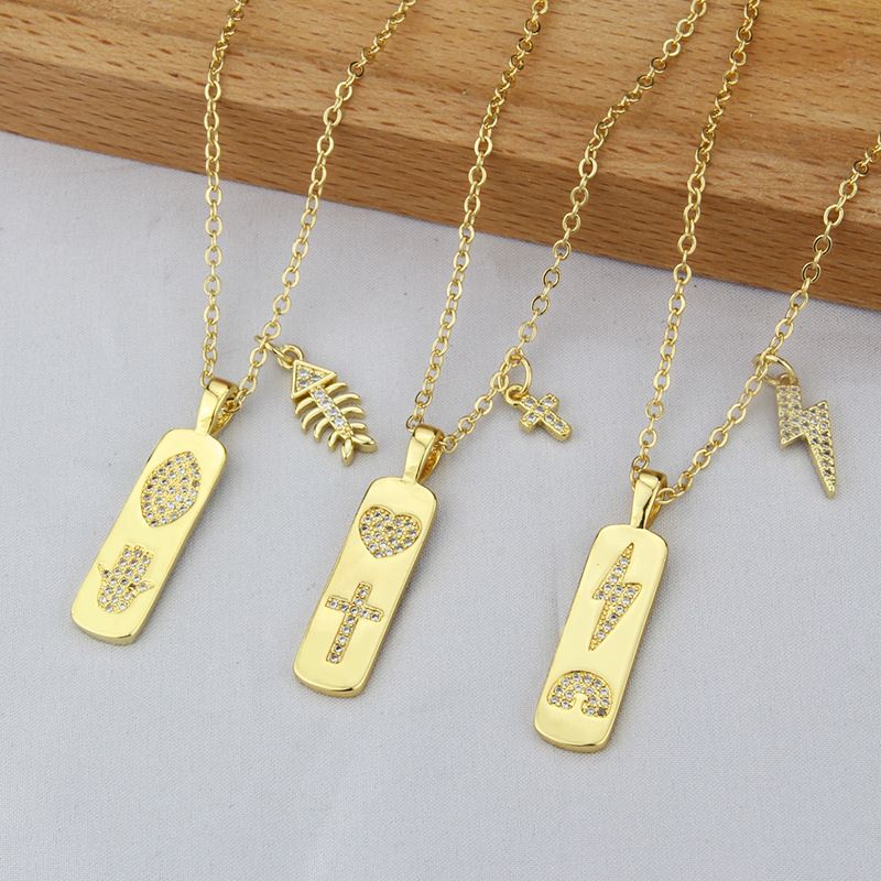 New Tag Necklace Fashion Gold-plated Copper Inlaid Zirconium Lightning Fish Bone Accessories Pendant