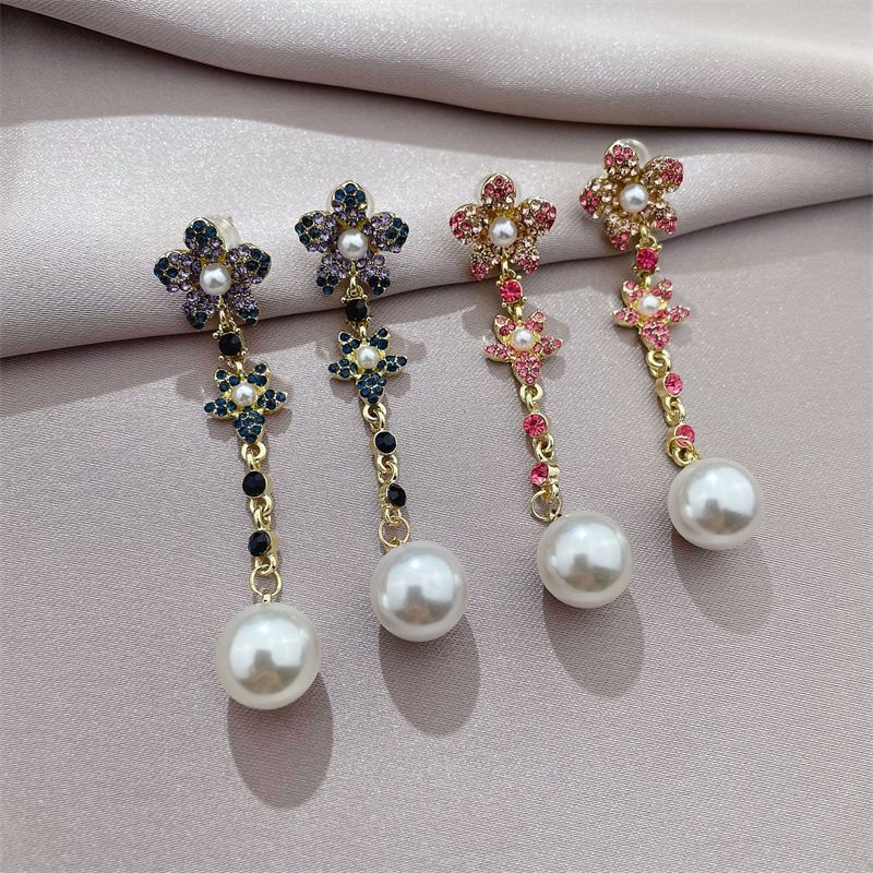 Personality Japan And South Korea New Flower Color Diamond Micro-inlaid Earrings Pearl Pendant Earrings Long Earrings