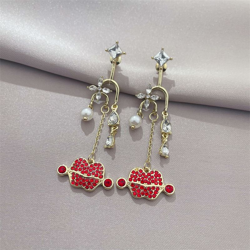 Persönlichkeit Rote Lippen Anhänger Perlenohrringe Japanisches Und Koreanisches Temperament Wildnetz Rotlicht Luxus Ohrringe Ohrringe