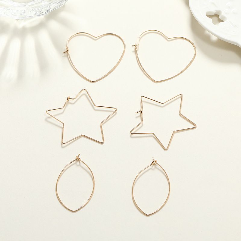 Simple Forest Cold Wind Alloy 3-piece Earrings Korean Temperament Hollow Love Star Oval Earrings