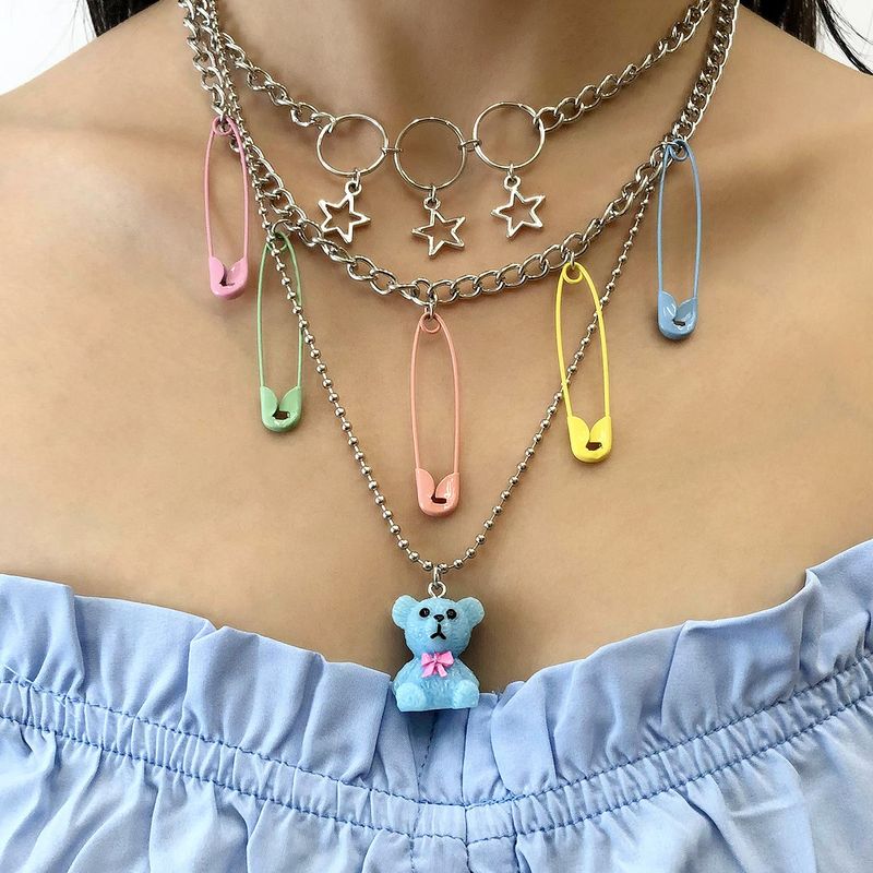 European And American Fashion Personality Bear Pendant Spray Paint Pin Star Multi-piece Combination Necklace For Women